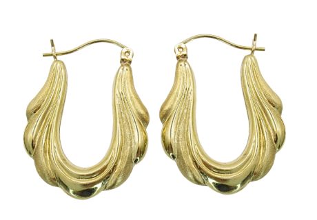 14K Gold Sculpted Alternating Texture Hoop Earrings Lying Flat View
