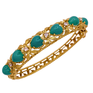 Turquoise & Diamond Bangle Bracelet 14K Gold Alt View