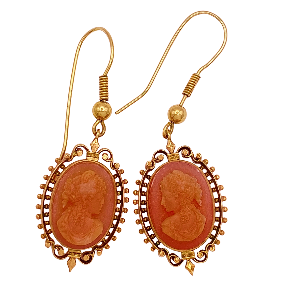 Victorian Era Agate Cameo Dangle Earrings 14K Gold