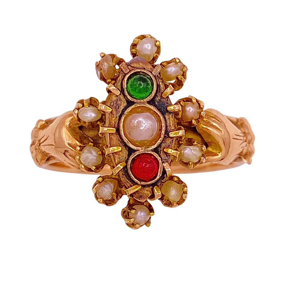 Victorian Fede Ring 10K Rose Gold Acrostic Jeweled Design