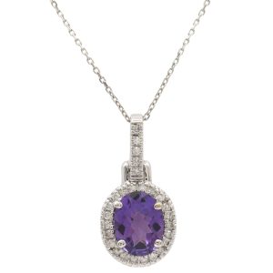 0.96ctw Amethyst Necklace with Diamond Halo in 14K White Gold pendant