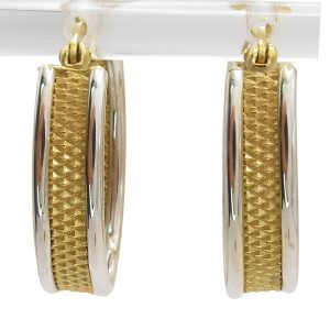 14K Two Tone - White And Yellow Gold Textured Hoop Earrings Front View