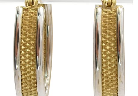 14K Two Tone - White And Yellow Gold Textured Hoop Earrings Front View