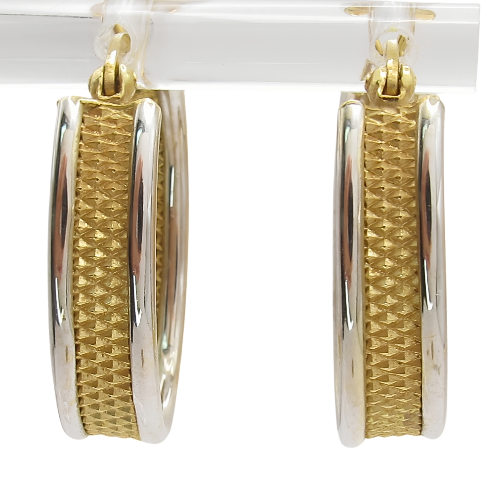 14K Two-Tone Milgrain Textured And Polished Hoop Earrings