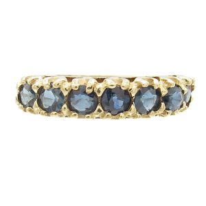 14K Yellow Gold 7 Round Sapphire Eternity Band Ring Front View