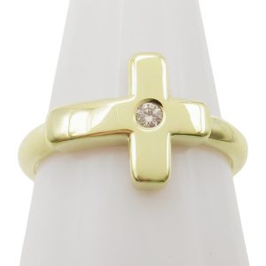 14K Yellow Gold Cross With Diamond Center Accent Band Ring Front View