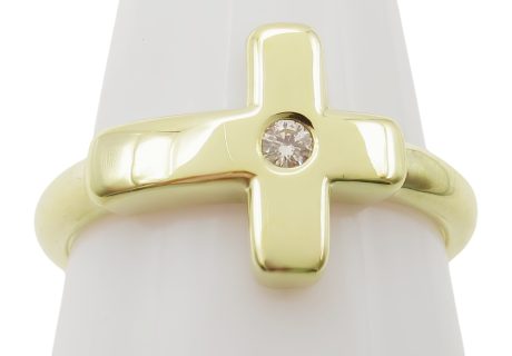14K Yellow Gold Cross With Diamond Center Accent Band Ring Front View