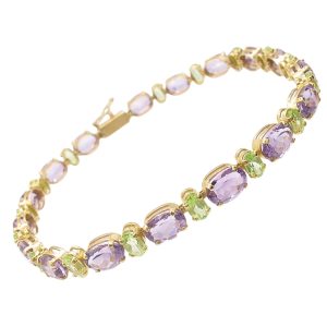 14K Yellow Gold Oval-Cut Peridot And Amethyst Line Tennis Bracelet Display View