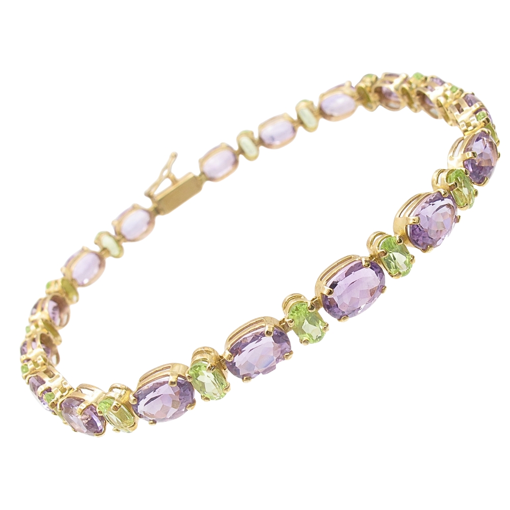 14K Gold Peridot And Amethyst Line Bracelet