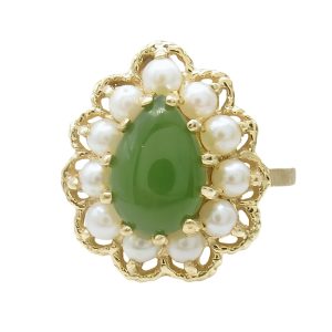 14K Yellow Gold Pear Cut Jade With 11 Seed Pearl Surrounding Halo Front View
