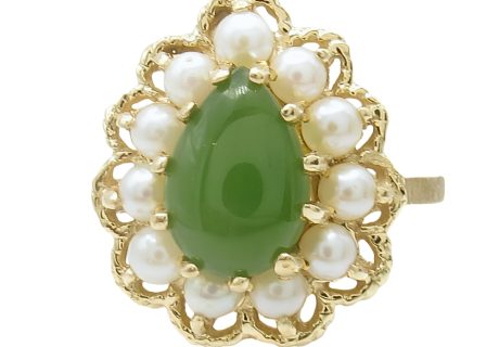 14K Yellow Gold Pear Cut Jade With 11 Seed Pearl Surrounding Halo Front View