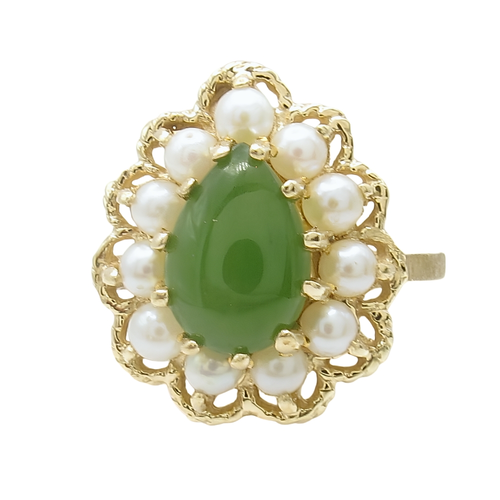 14K Gold Seed Pearl And Jade Ring