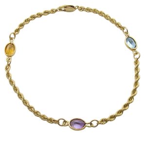 14K Yellow Gold Rope Chain Bracelet With 3 Gemstones, Amethyst, Citrine, Topaz Bezel Set OverView