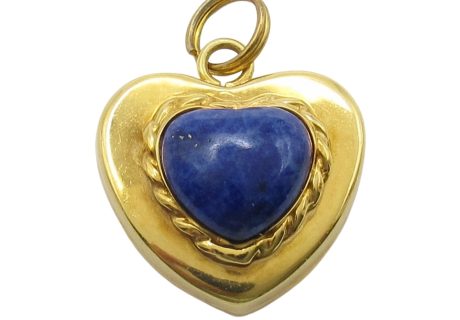 14K Gold Puffed Heart Gold Pendant Charm With Heart Cut Lapis Lazuli Center Front View