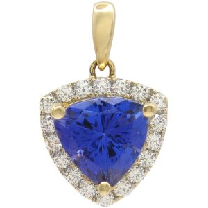 2.4ctw Trillion Tanzanite Pendant with Diamond Halo in 14K Gold front