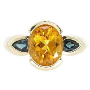 2.85ctw 3-Stone Citrine & Sapphire Bezel Ring in 14K Yellow Gold