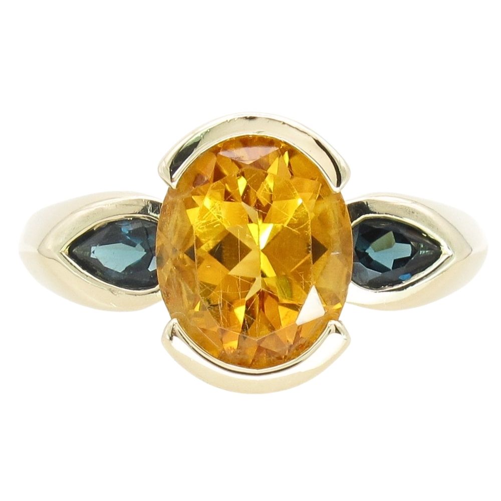 2.85ctw 3-Stone Citrine & Sapphire Bezel Ring 14K