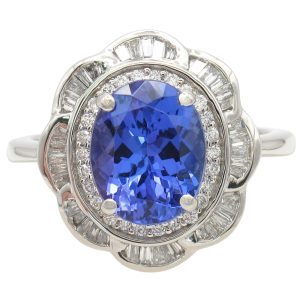 3.53ctw Tanzanite Ring with Floral Diamond Halo in Platinum front