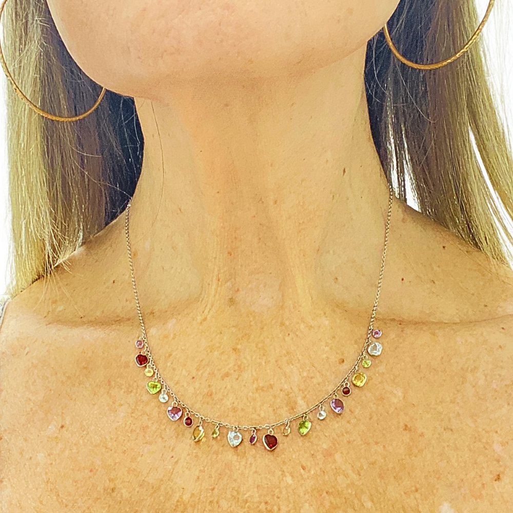 Buy Colorful Multi Gemstone Dangle Charm Necklace 14K White gold
