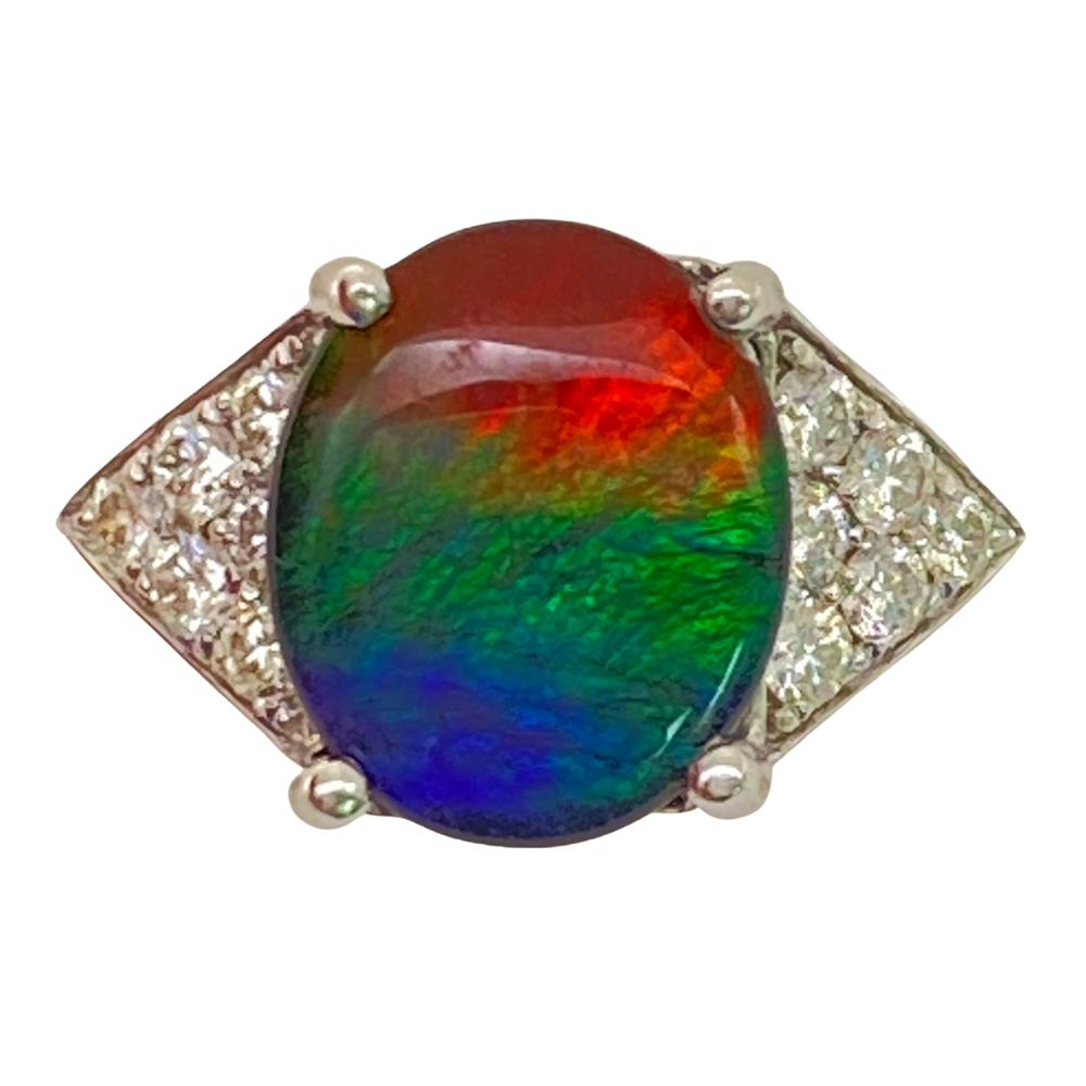 Canadian Ammolite and Diamond Ring 14K White Gold VS .36 Ctw D