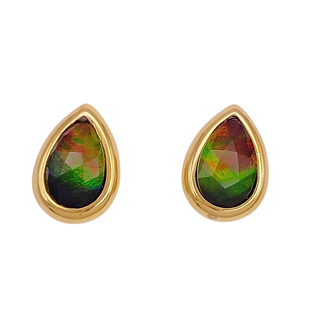 Canadian Ammolite Earrings Pear Faceted 14K Gold