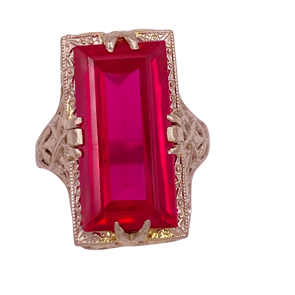 Art Deco Era Statement Ring 14K White Gold Filigree Lab Ruby 9.74 Carat