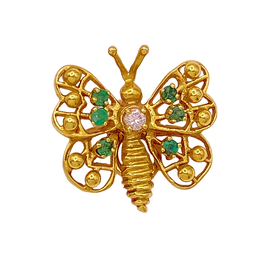 Butterfly Pendant Charm 14K Gold Emerald and Diamond .16 Carat TGW