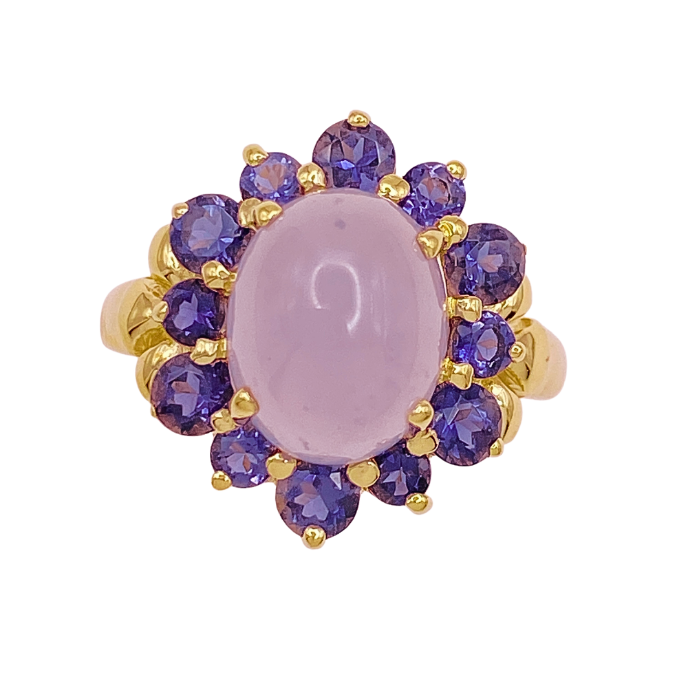Iolite Halo Chalcedony Cabochon Ring 3.93 Carats TGW 14K Gold