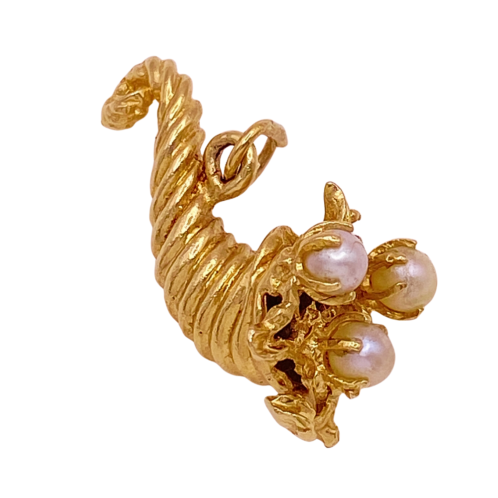 Cornucopia Vintage Charm 14K Gold Cultured Pearl Three-Dimensional