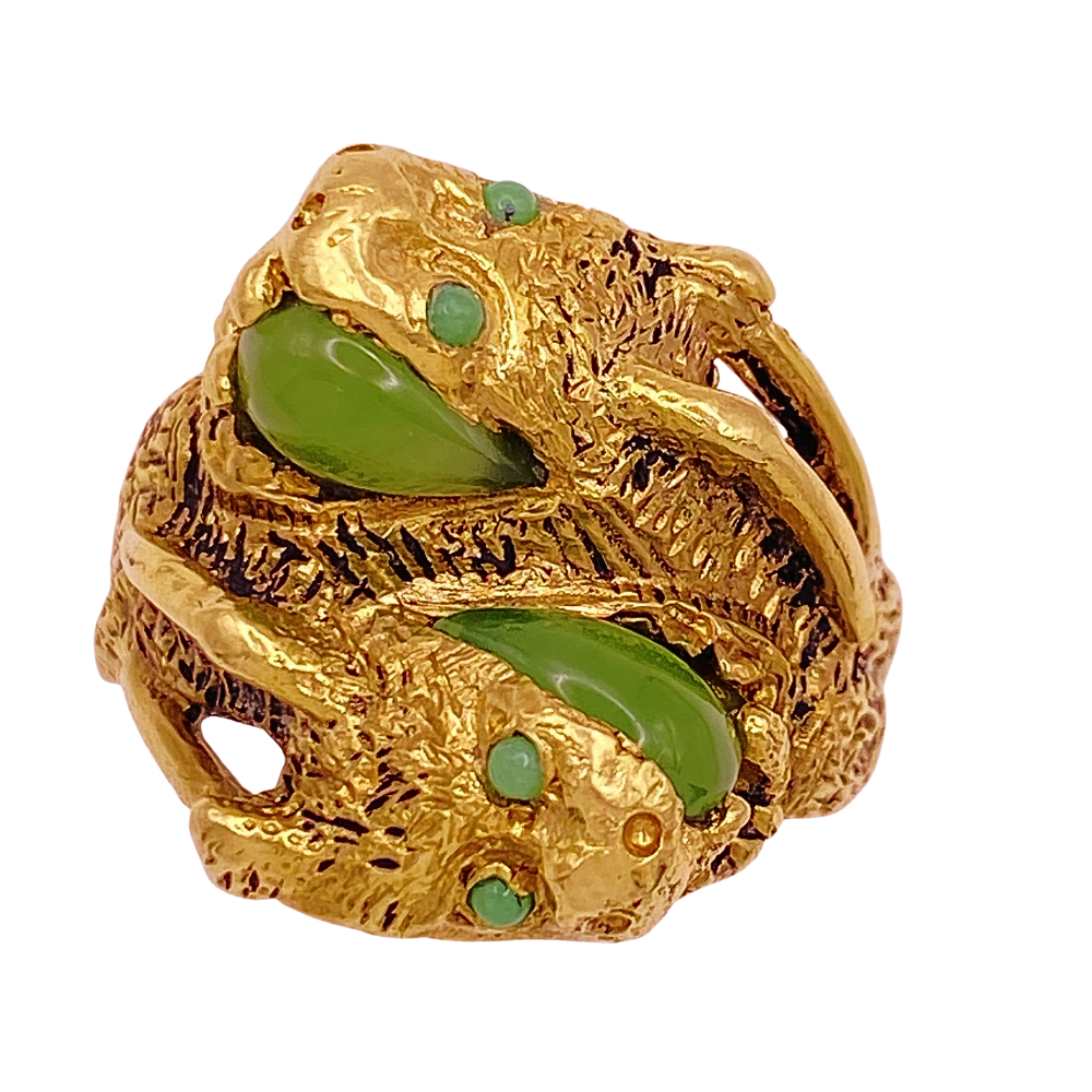 Double Dragon Vintage Ring 14K Gold and Jade