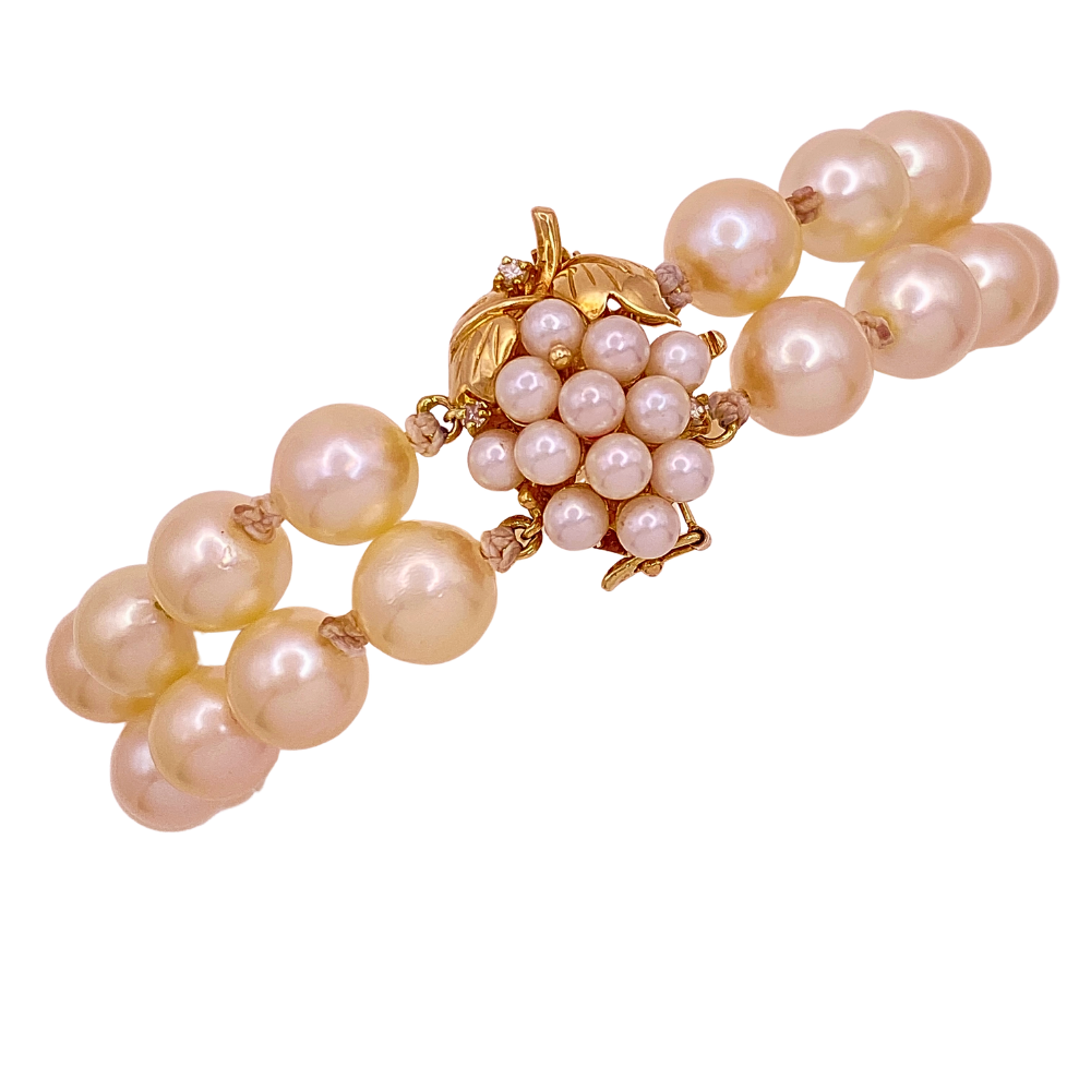Double Row Cultured Pearl Bracelet 14K Gold Diamond Accent 7.8 MM