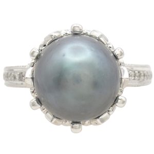 Gray Tahitian Pearl Ring with Diamond Accents in 14K White Gold front