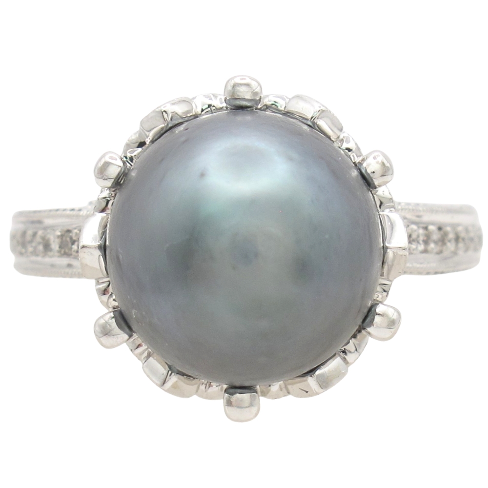 Gray Tahitian Pearl Ring with Diamond Accents in 14K White Gold