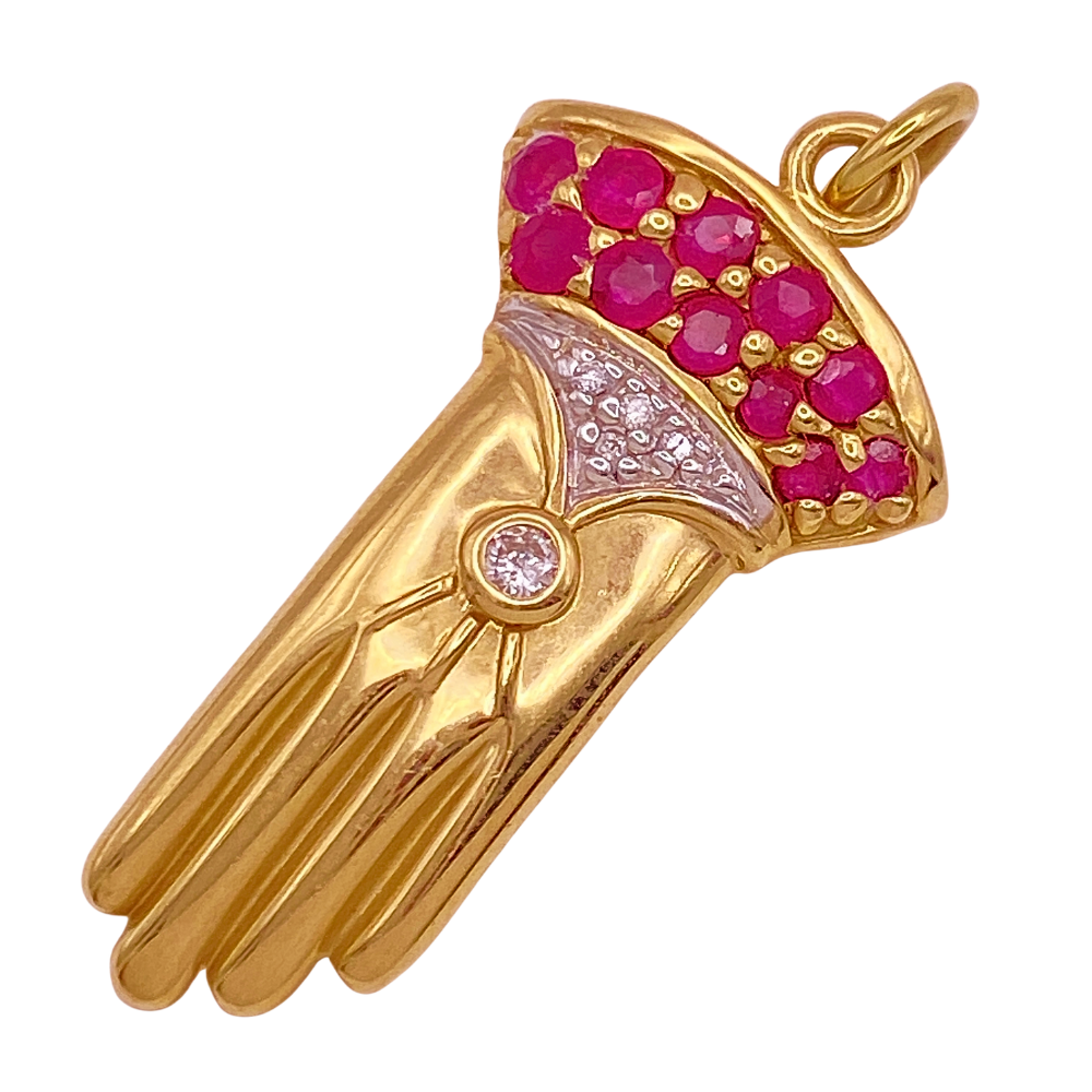 Vintage Jeweled Glove Charm 14K Gold Ruby and Diamond .59 Carat TGW Three-Dimensional, Reversible