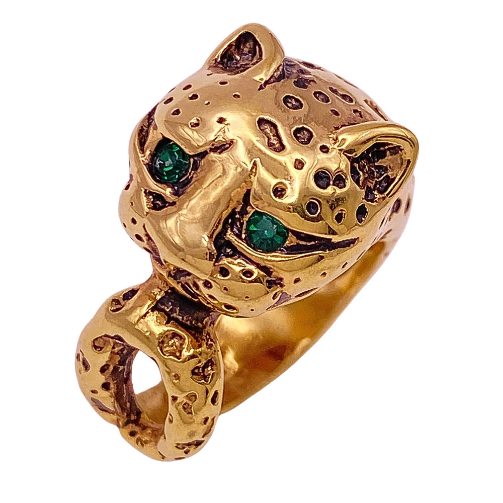 Fanciful Leopard Ring 18K Gold, Enamel and Green Gemstone Inset Eyes