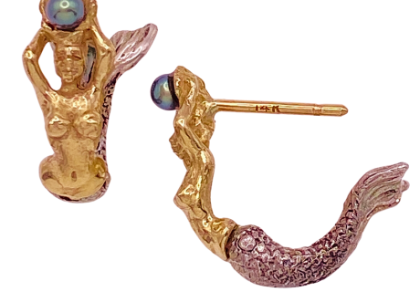 Mermaid Hoop Earrings 14K 925 Blk Pearl