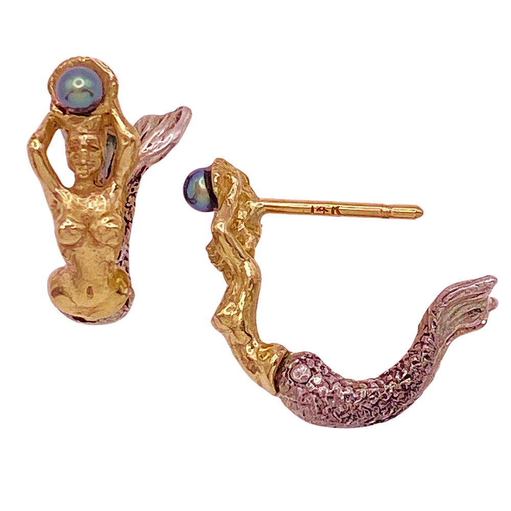 Mermaid Hoop Earrings 14K Gold, Sterling Silver and Black Pearl