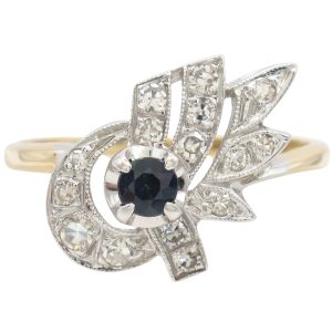 Mid-Century Sapphire Ring with Diamond Accents in 14K Two-Tone Gold front