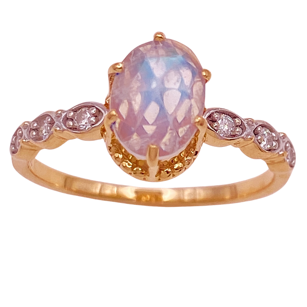 Faceted Rainbow Moonstone and Diamond Ring 14K Rose and White Gold