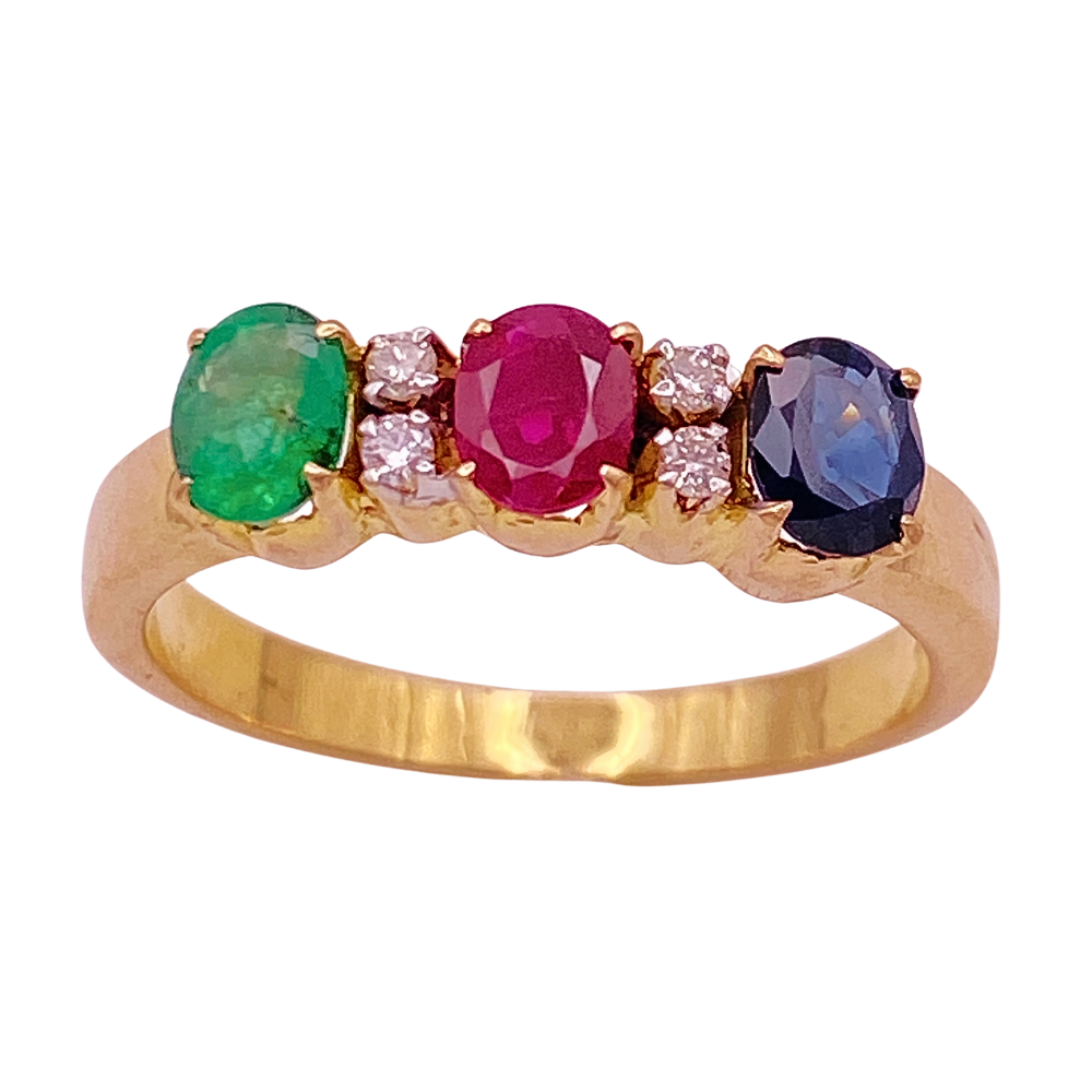 Natural Emerald, Ruby, Sapphire and Diamond Band Ring 14K Gold 1.37 Carat TGW