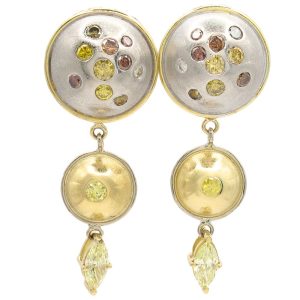 Multi Colored Fancy Diamond Dome Drop Earrings 14K Two Tone Gold