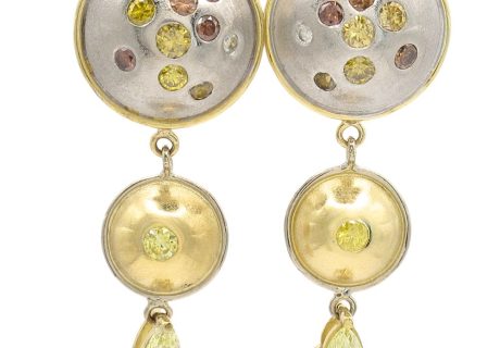 Multi Colored Fancy Diamond Dome Drop Earrings 14K Two Tone Gold