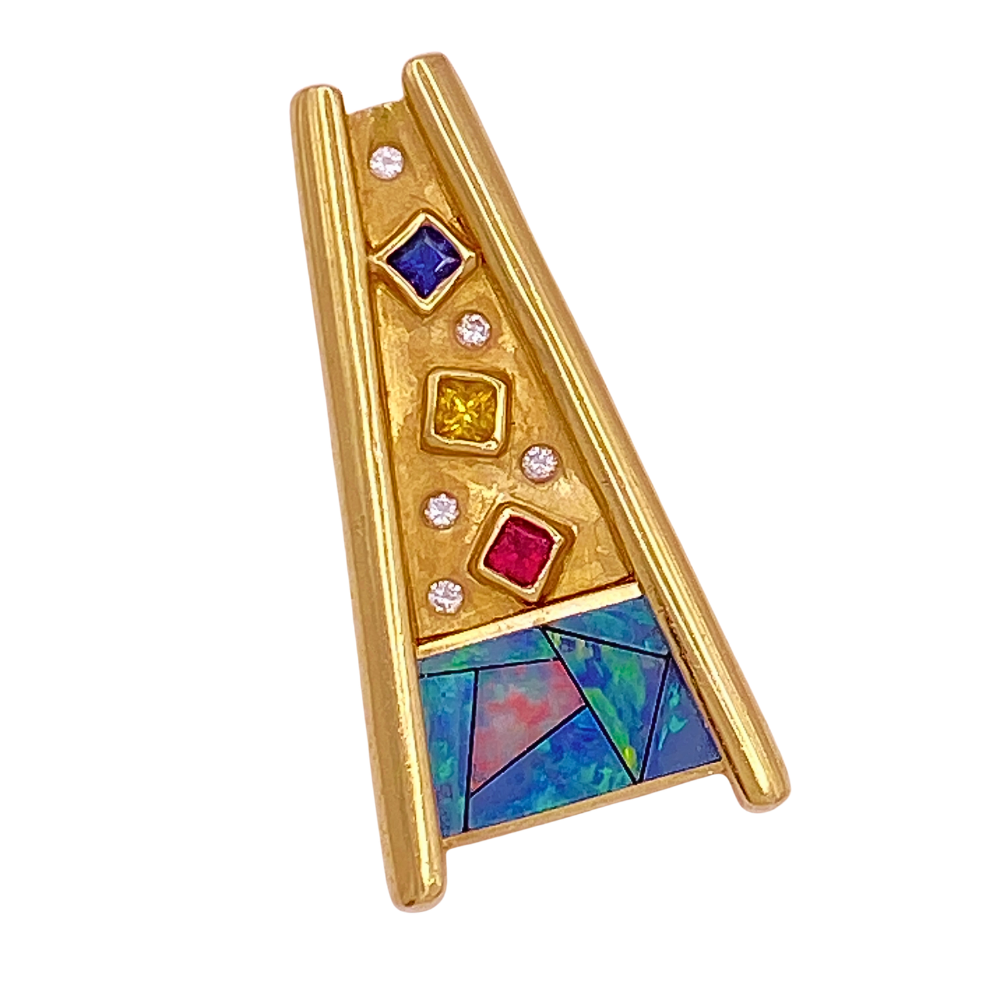 Artistic Multi Gemstone Geometric Pendant 14K Gold, Opal, Sapphire, Ruby and Diamond
