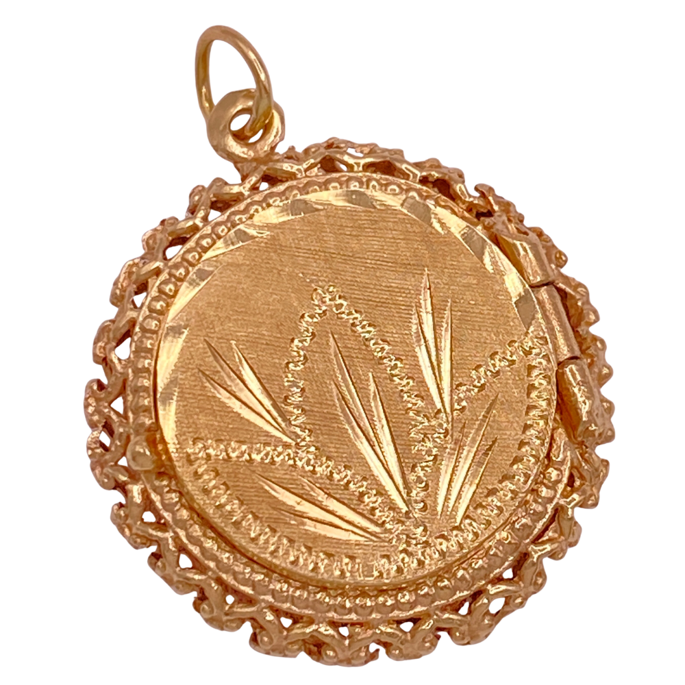 Vintage Round Perfume Locket 14K Gold Engraved Lotus Design