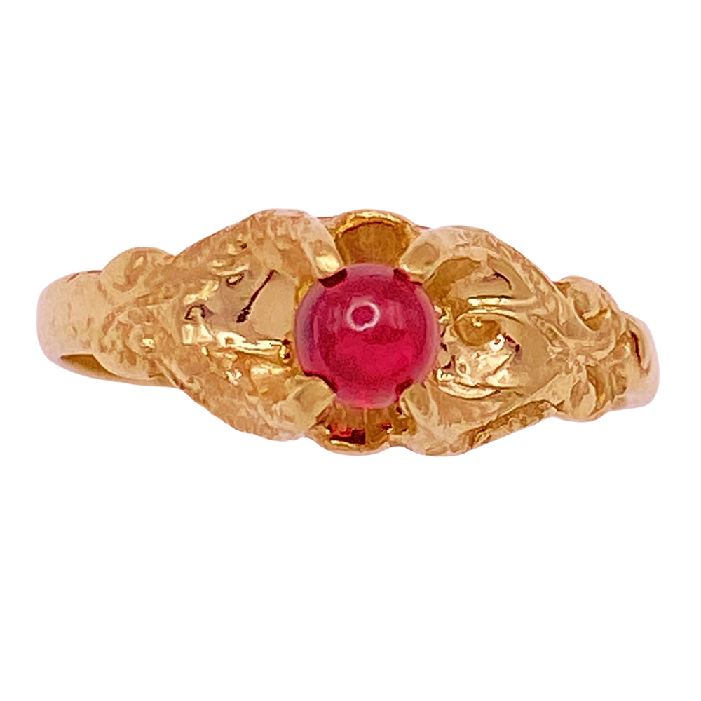 Edwardian Era Petite Garnet Cabochon Ring 14K Gold