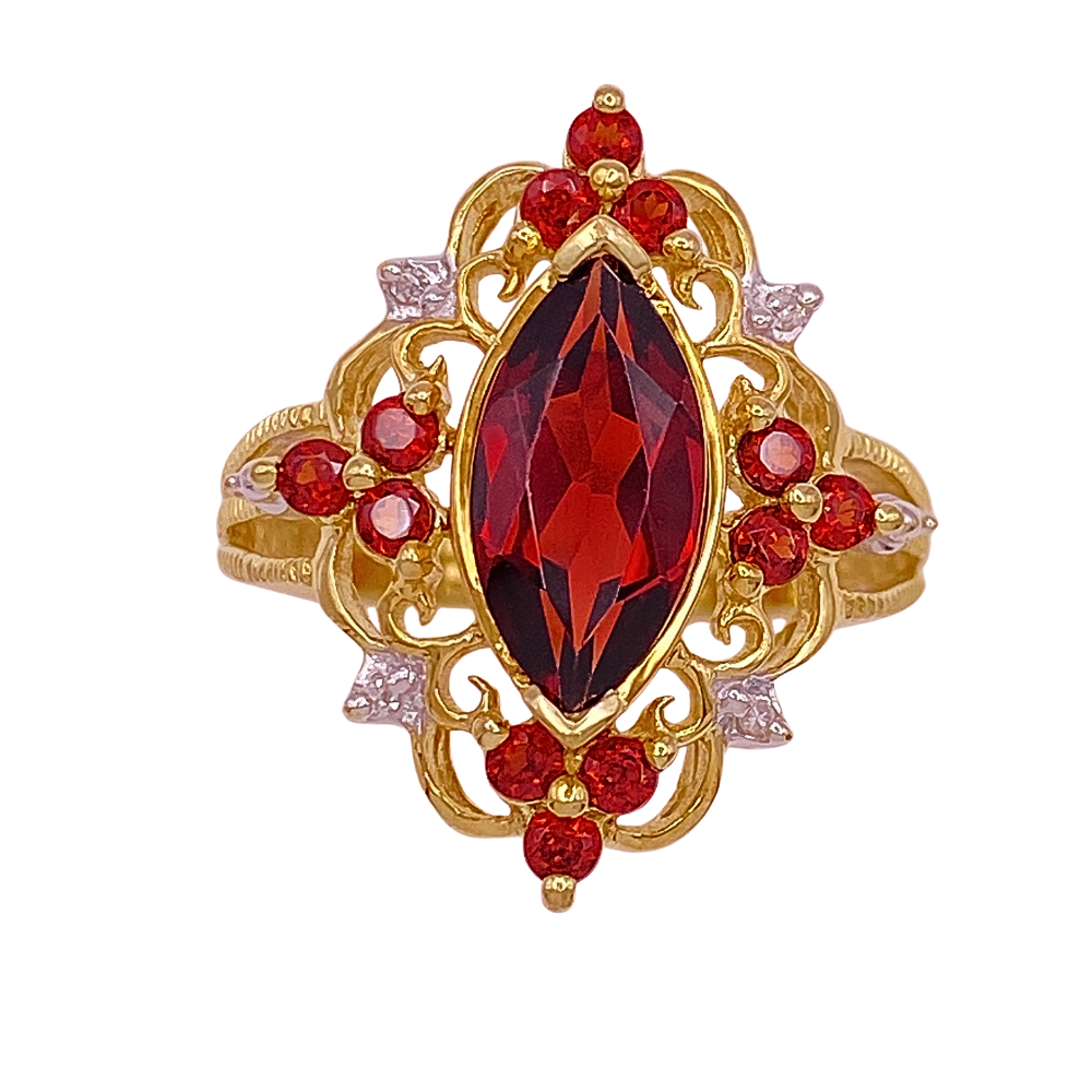 Ornate Victorian Revival Ring Garnet and Diamond 2.69 Carat TGW 10K Gold