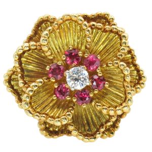 Ruby & Diamond Vintage Dankner Flower Ring 18K Yellow Gold