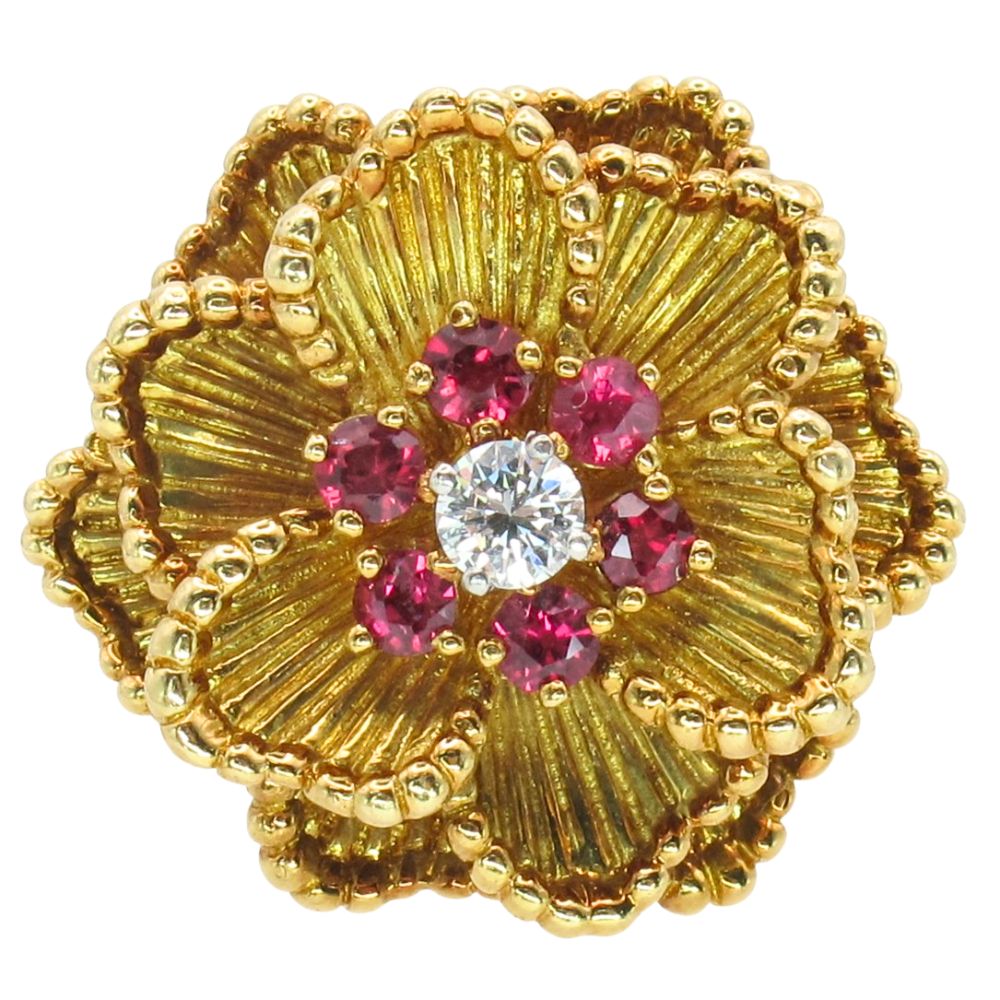 Ruby & Diamond Vintage Dankner Flower Ring 18K