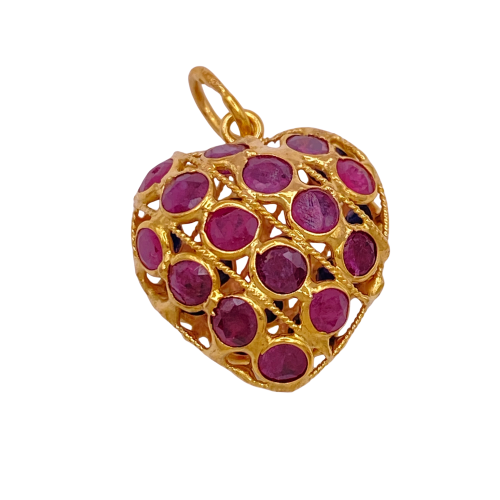 Ruby and Sapphire Puffy Heart Charm or Pendant 18K Gold 2.40 Carats TGW Reversible