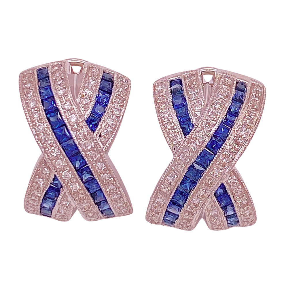X Design Statement Earrings 18K White Gold Sapphire and Diamond 2.48 Carat TGW